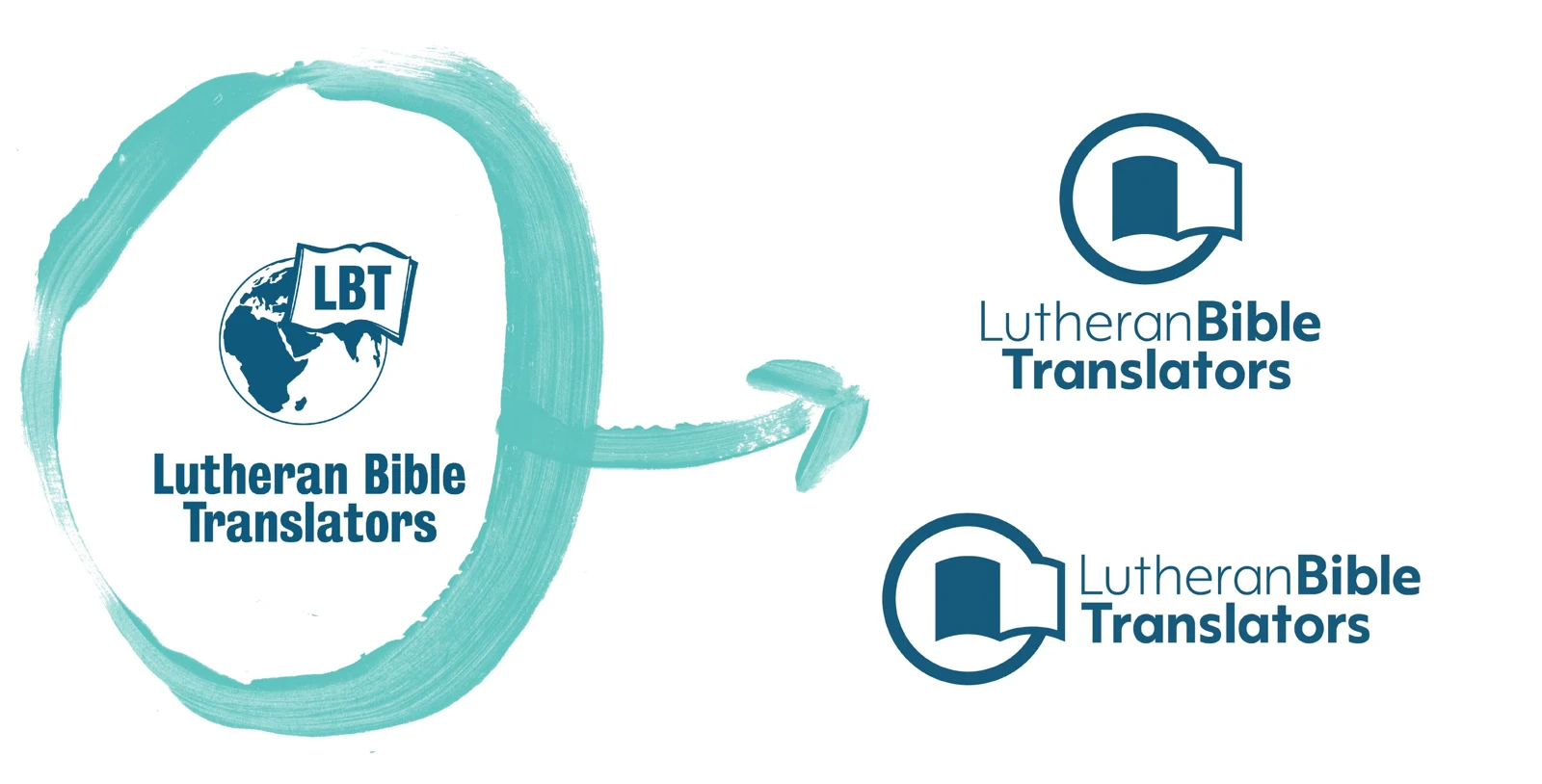 Lutheran Bible Translators logo progression, from the former globe mark to the new Bible-shaped logo